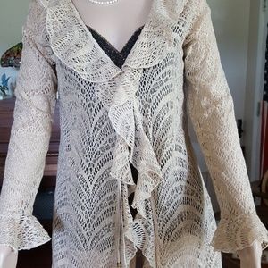 Vintage Kimono.Sheer ,gold, S/M, ruffle accents ,open front
